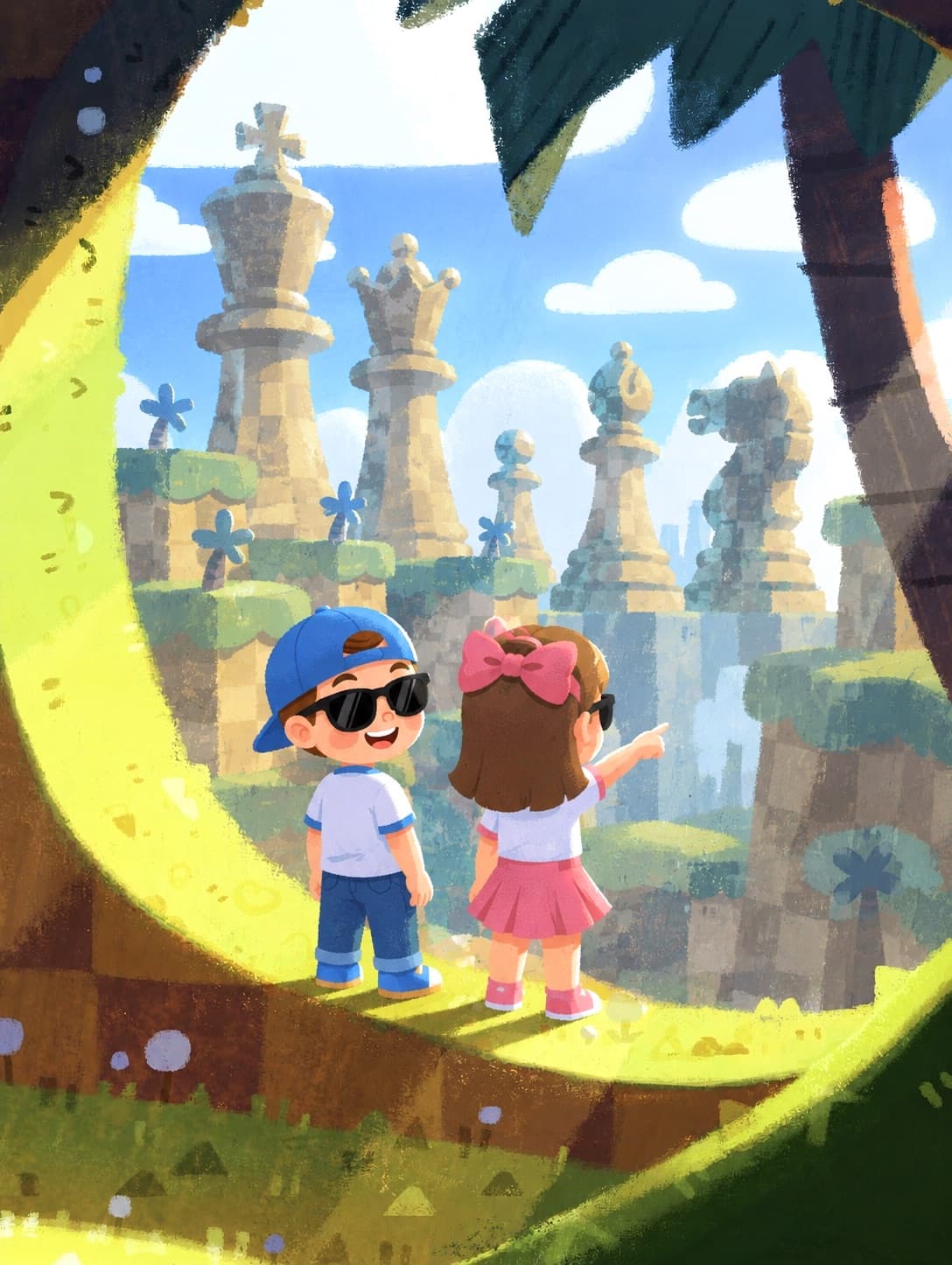 Hai bạn nhỏ đứng giữa vương quốc cờ vua